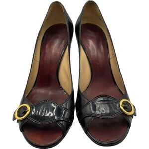 Giuseppe Zanotti Women’s Black Patent With Gold Buckle Peep Toe Heels 37.5